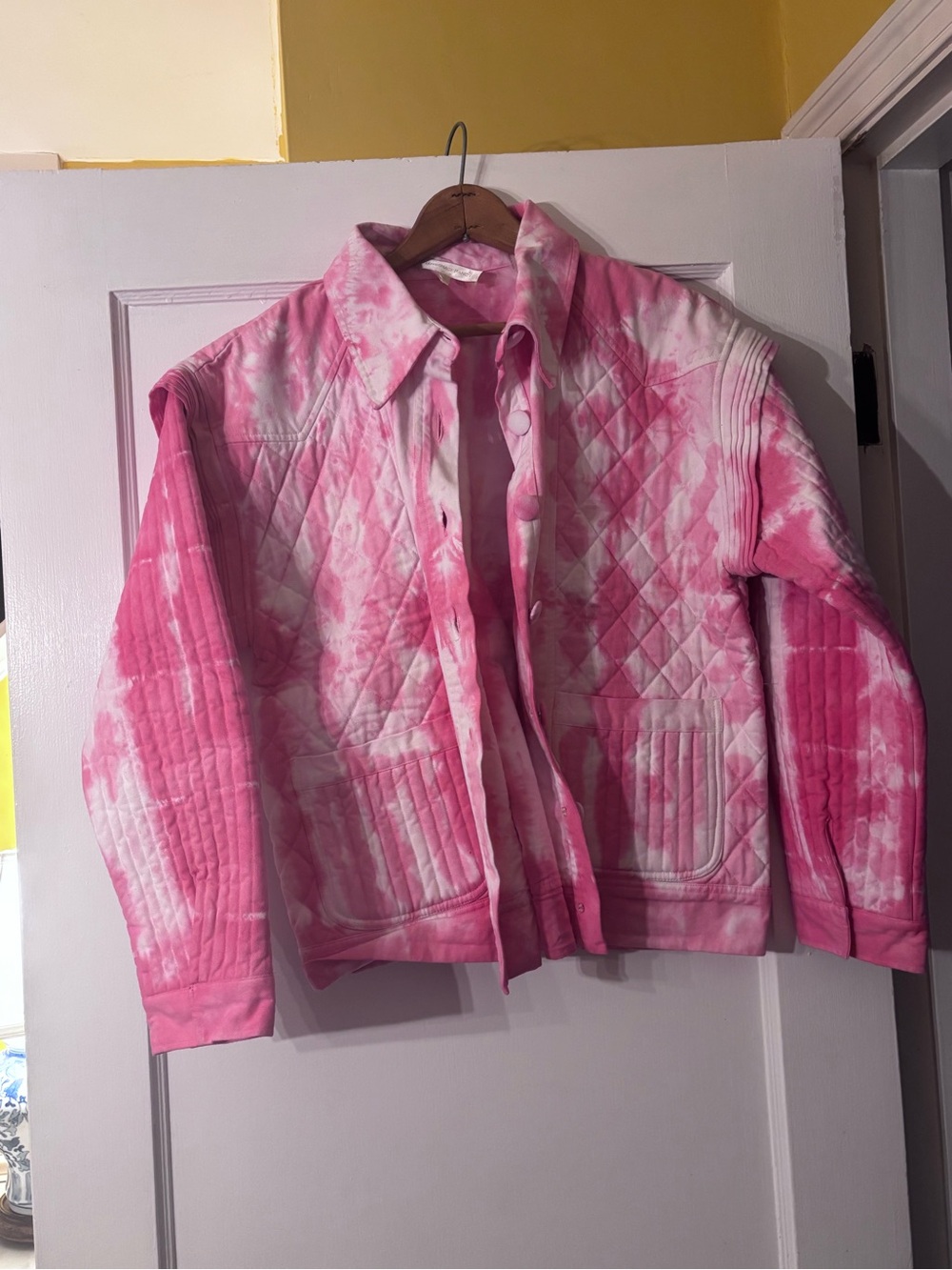 LoveShackFancy Pink and White Tie-Dye Quilted Puffer Jacket ( Small)